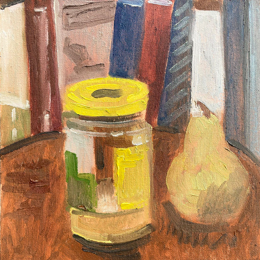Pear and Pickle Jar, Oil on canvas panel, #32 of 100 Paintings in 100 Days