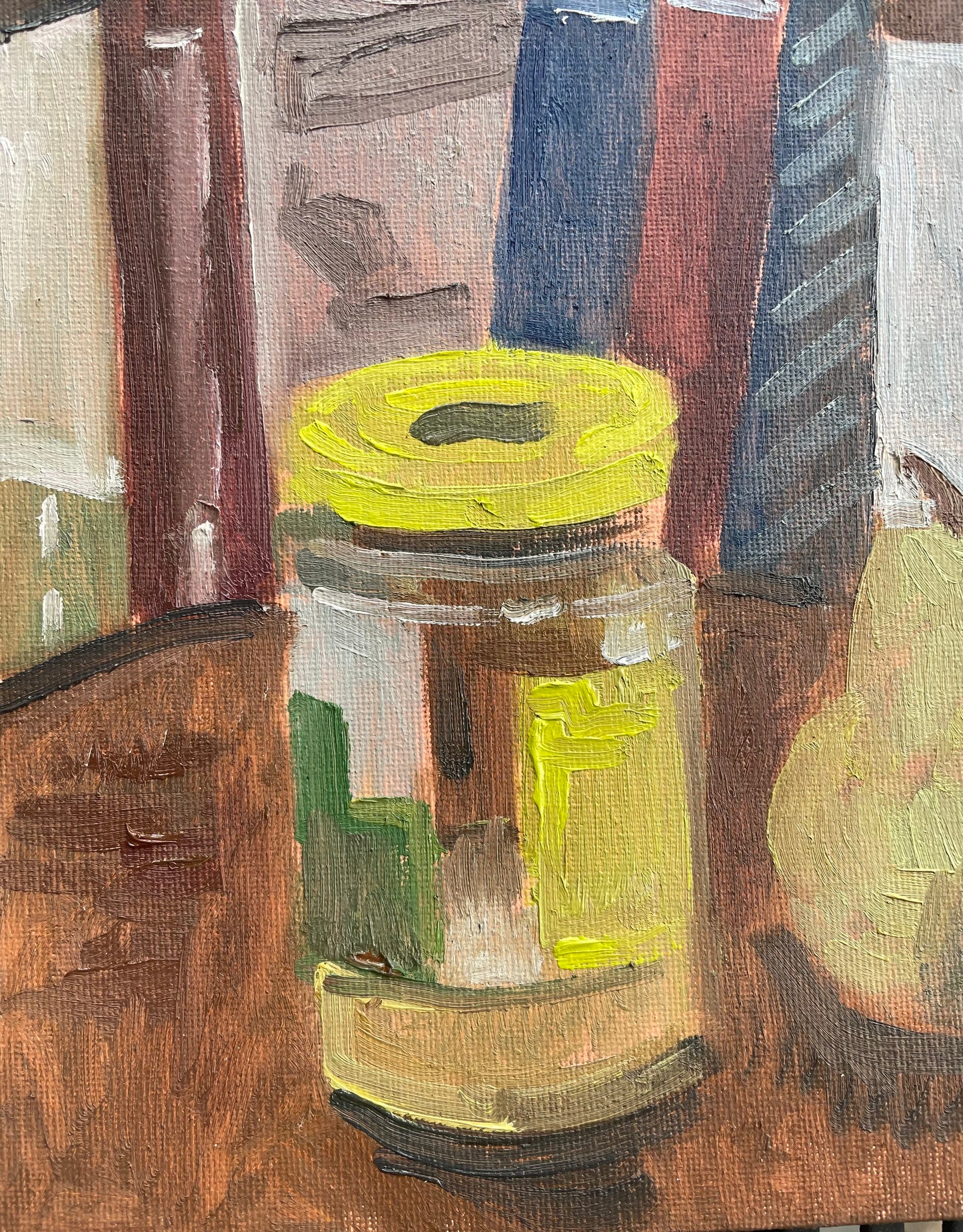 Pear and Pickle Jar, Oil on canvas panel, #32 of 100 Paintings in 100 Days