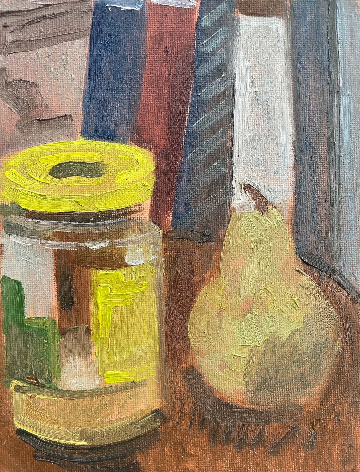 Pear and Pickle Jar, Oil on canvas panel, #32 of 100 Paintings in 100 Days