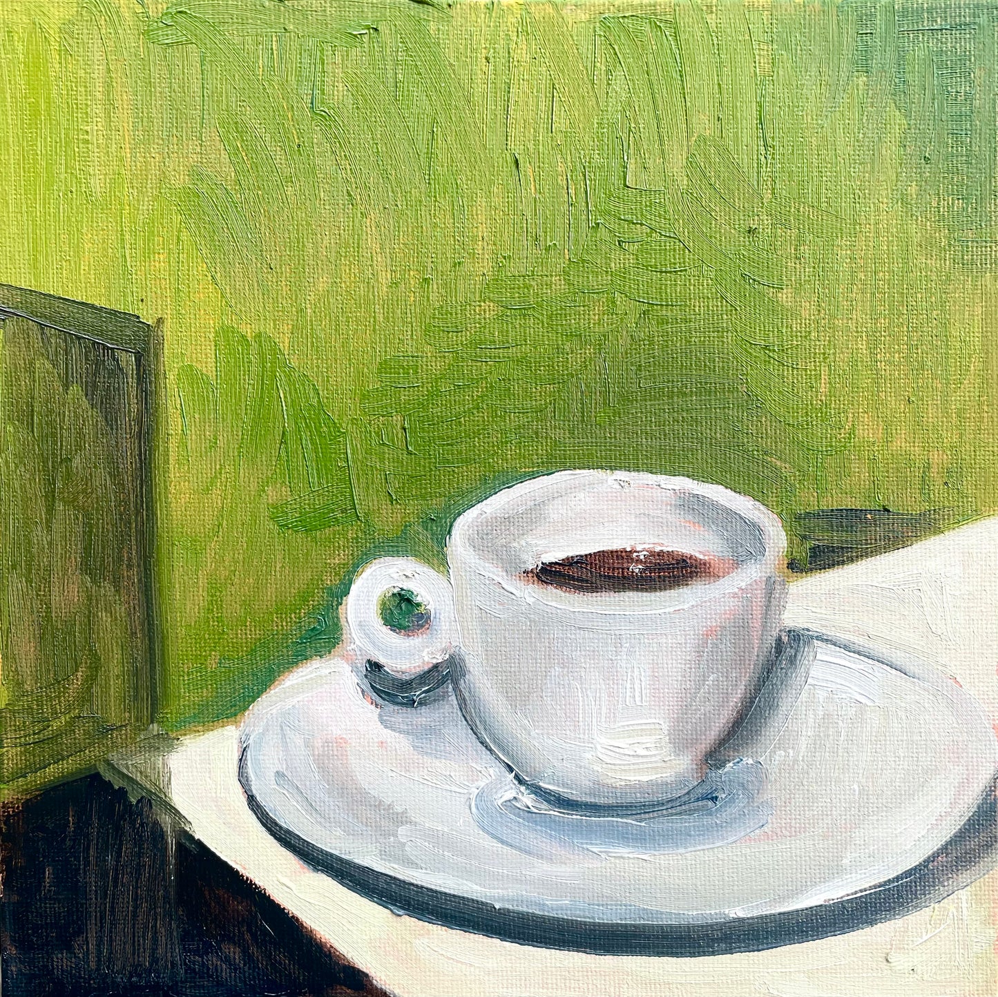 Coffee on Green, Oil on canvas panel, #25 of 100 Paintings in 100 Days