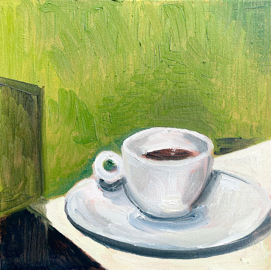 Coffee on Green, Oil on canvas panel, #25 of 100 Paintings in 100 Days