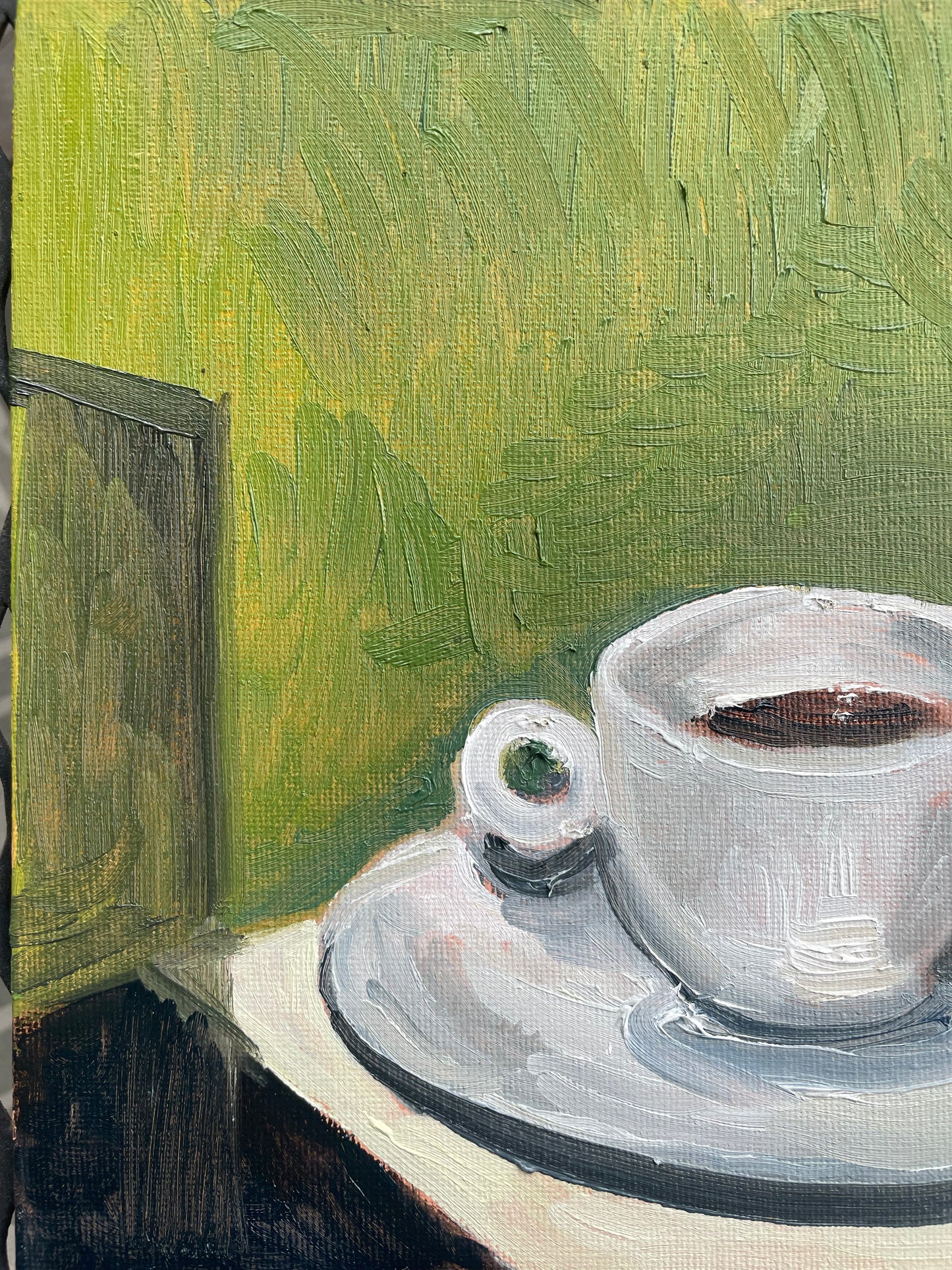 Coffee on Green, Oil on canvas panel, #25 of 100 Paintings in 100 Days