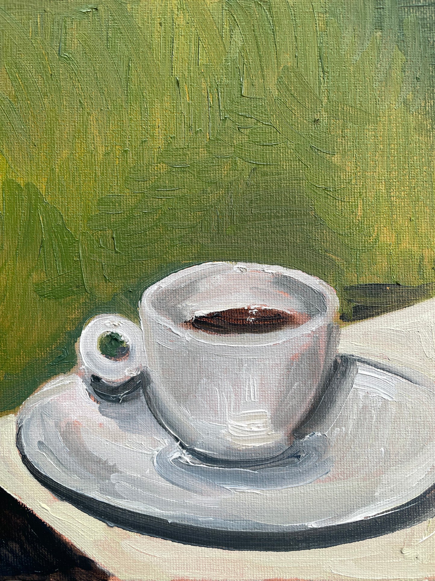 Coffee on Green, Oil on canvas panel, #25 of 100 Paintings in 100 Days