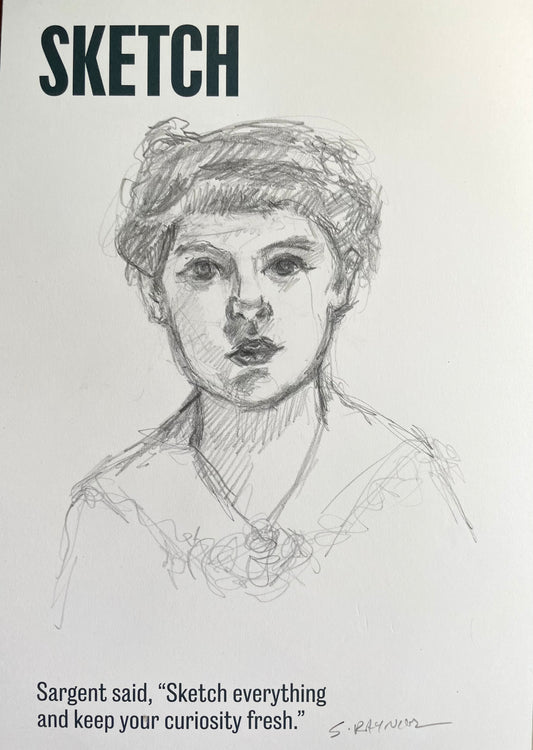 Study of girl from John Singer Sargent Exhibition - Original Drawing on show Postcard