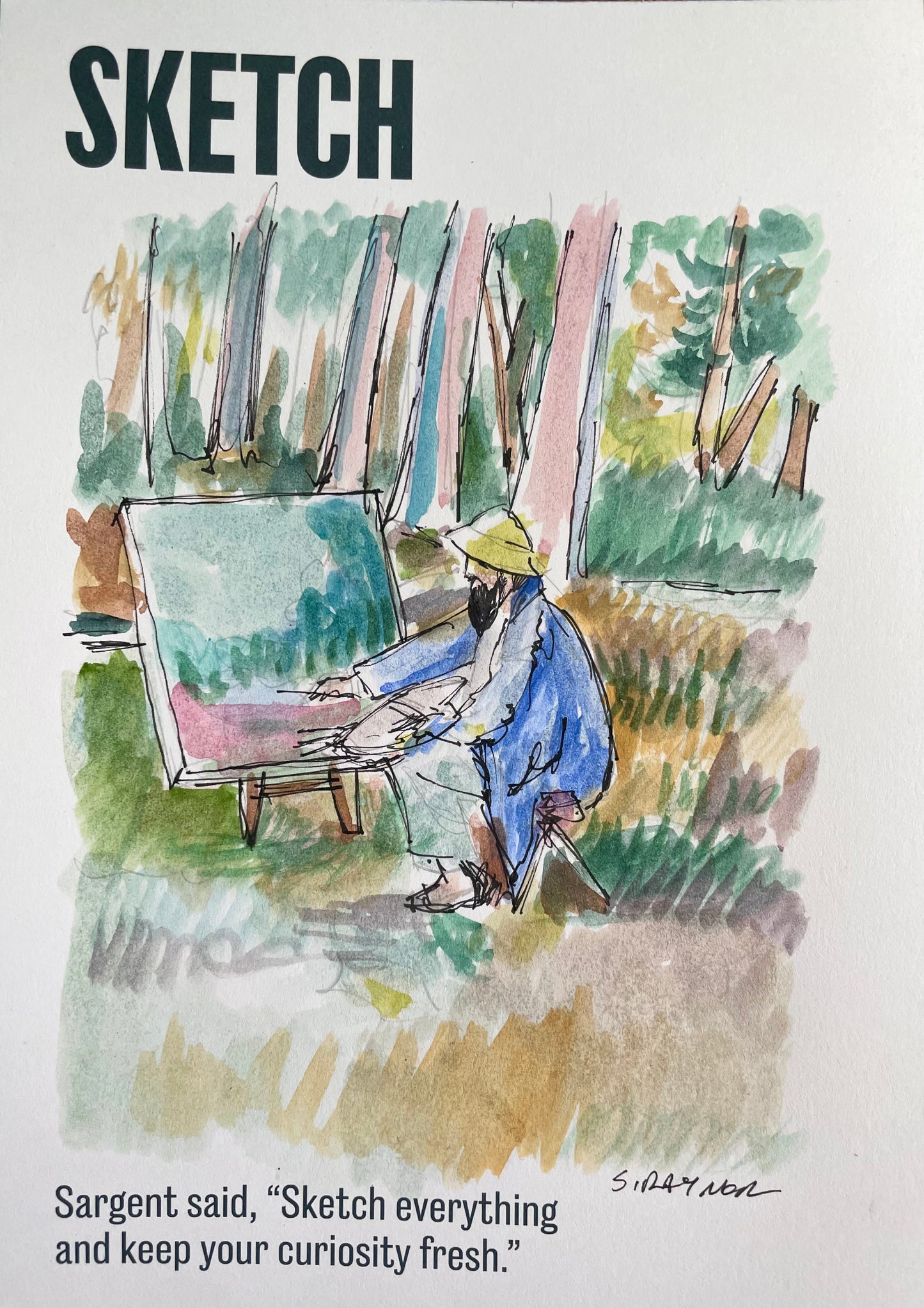 Watercolor of Monet Painting based on John Singer Sargent - Original Painting on show Postcard