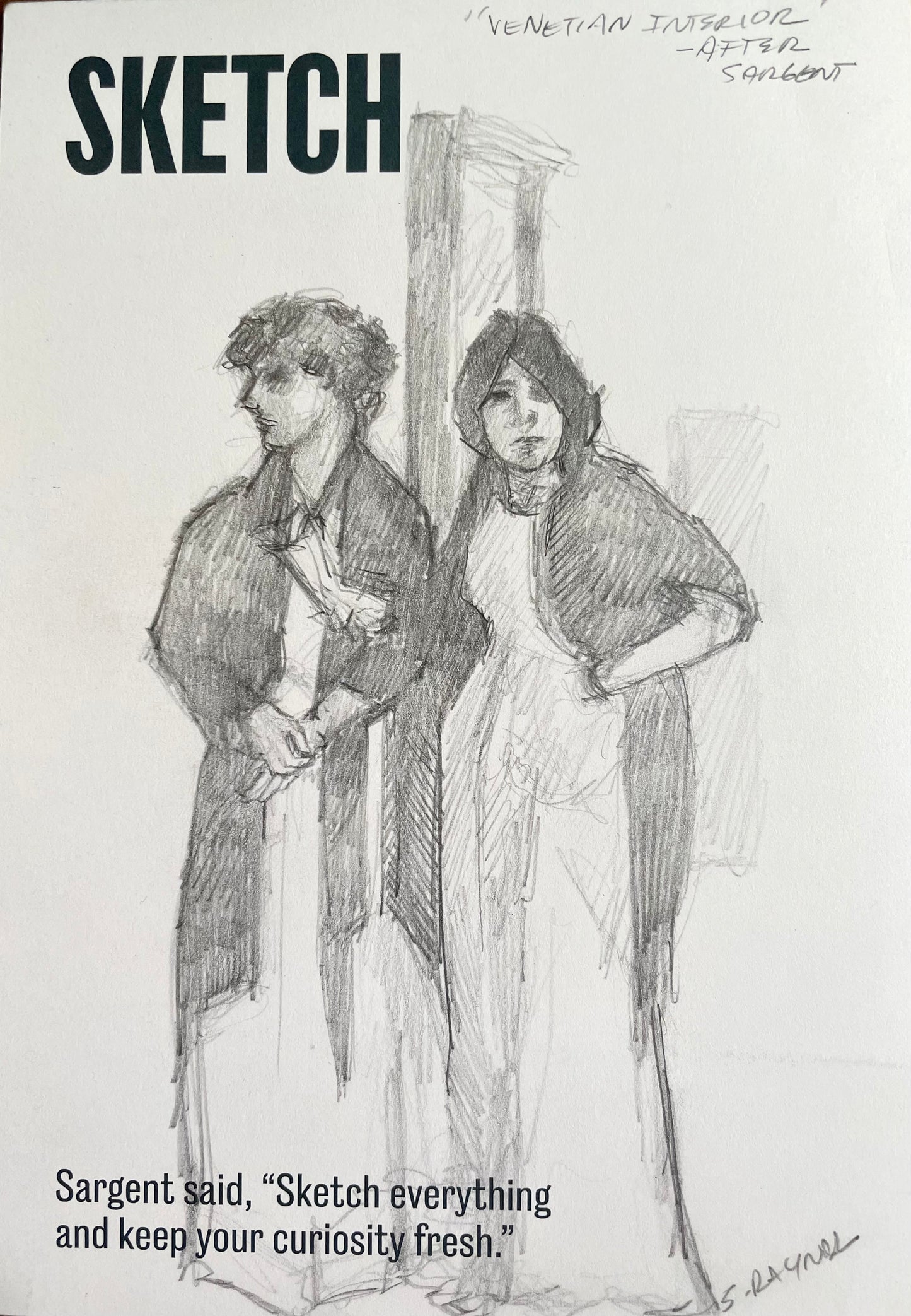 Study of Two Venetian Girls from John Singer Sargent Exhibition - Original Drawing on show Postcard