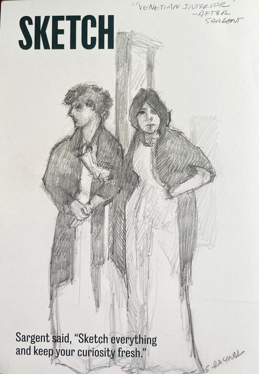 Study of Two Venetian Girls from John Singer Sargent Exhibition - Original Drawing on show Postcard