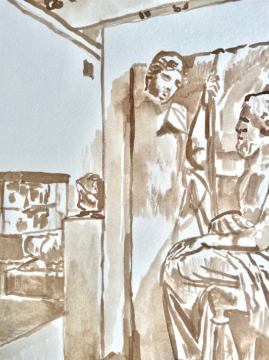 Walnut Ink Drawing – Mourning Greek Family (Study from The Met) - Original Work of Art
