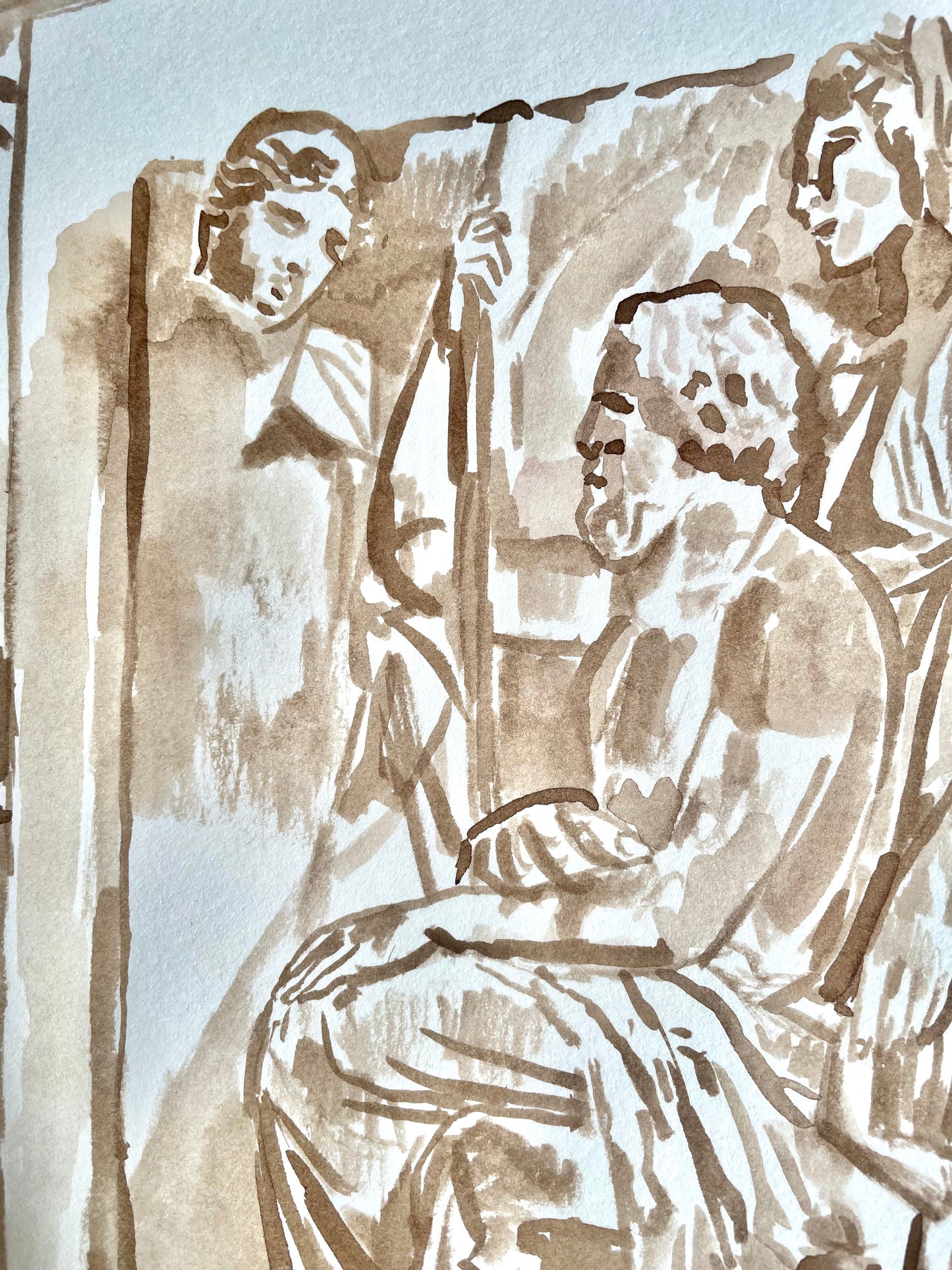 Walnut Ink Drawing – Mourning Greek Family (Study from The Met) - Original Work of Art