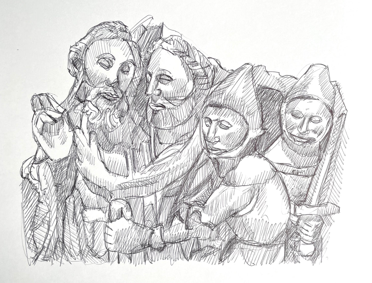 The Betrayal of Christ – Pen and Ink Drawing from The Met’s Medieval Sculpture - Original Work of Art
