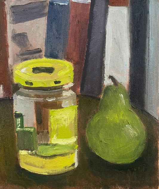 Pear and Pickle Jar, Oil on canvas panel, #32 of 100 Paintings in 100 Days