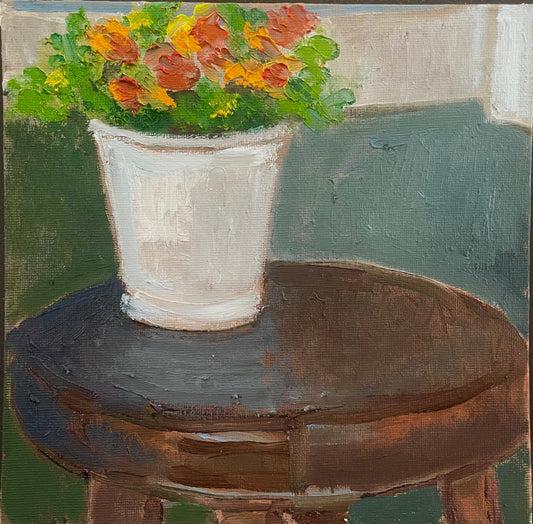 Flowers on a Stool, Oil on canvas panel, #33 of 100 Paintings in 100 Days