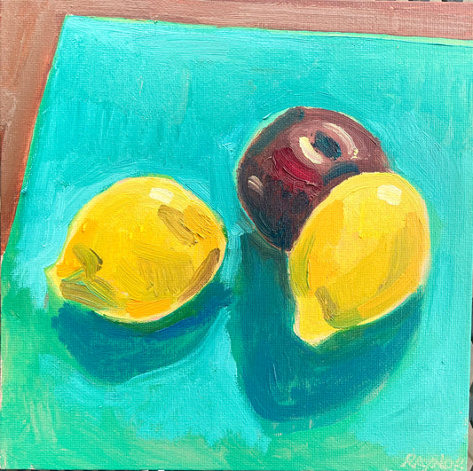 One Plum and Two Lemons, Oil on canvas panel, #39 of 100 Paintings in 100 Days