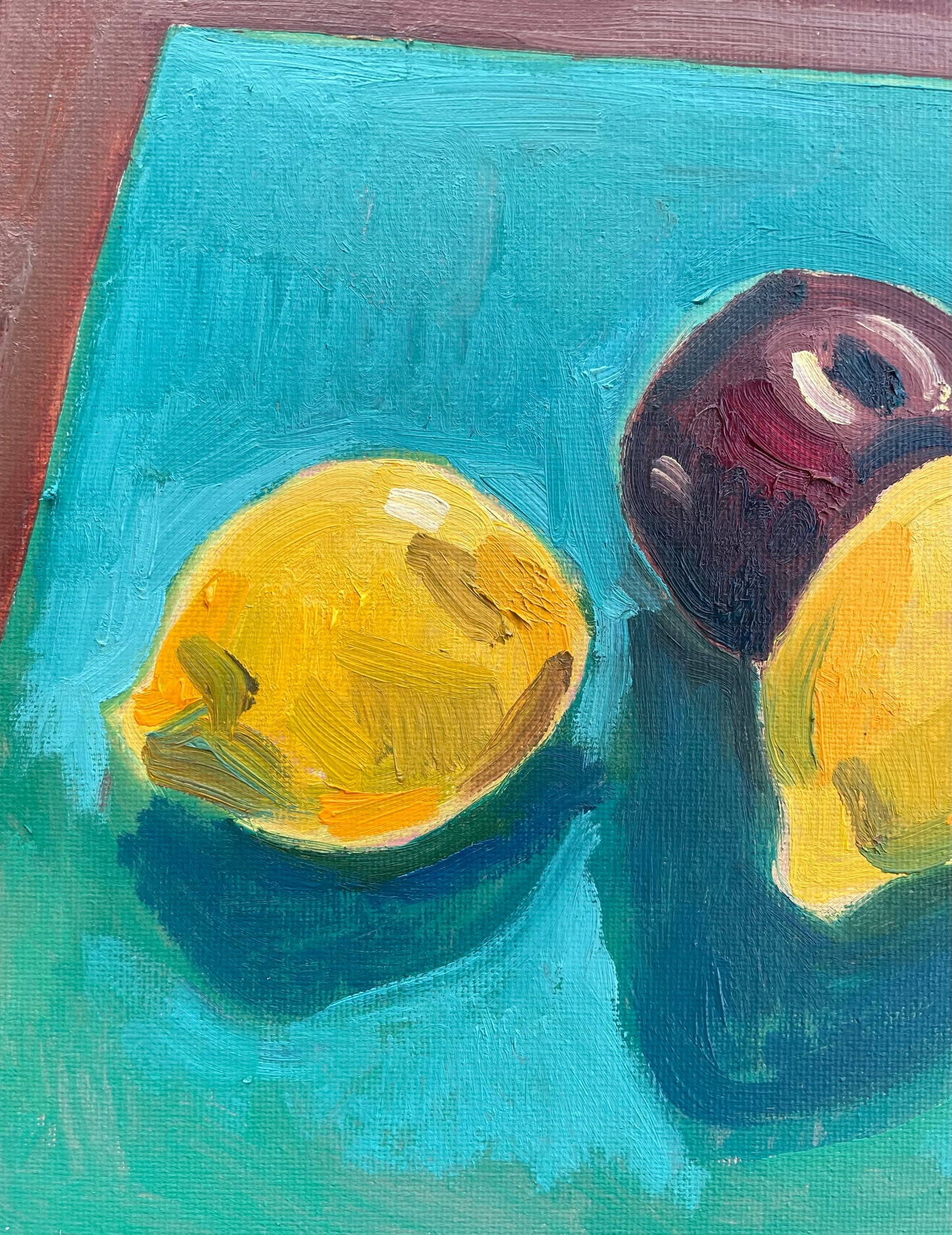 One Plum and Two Lemons, Oil on canvas panel, #39 of 100 Paintings in 100 Days