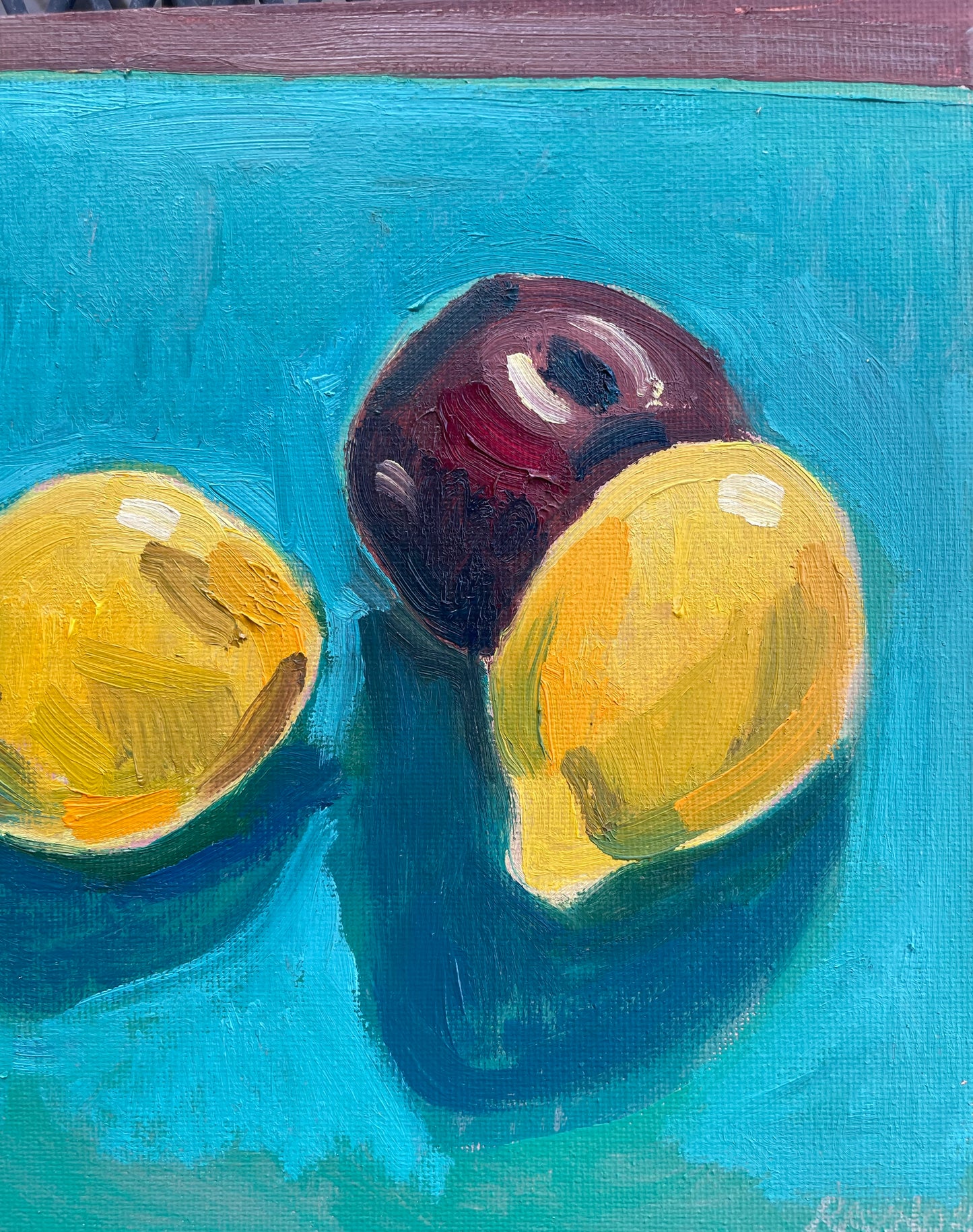 One Plum and Two Lemons, Oil on canvas panel, #39 of 100 Paintings in 100 Days