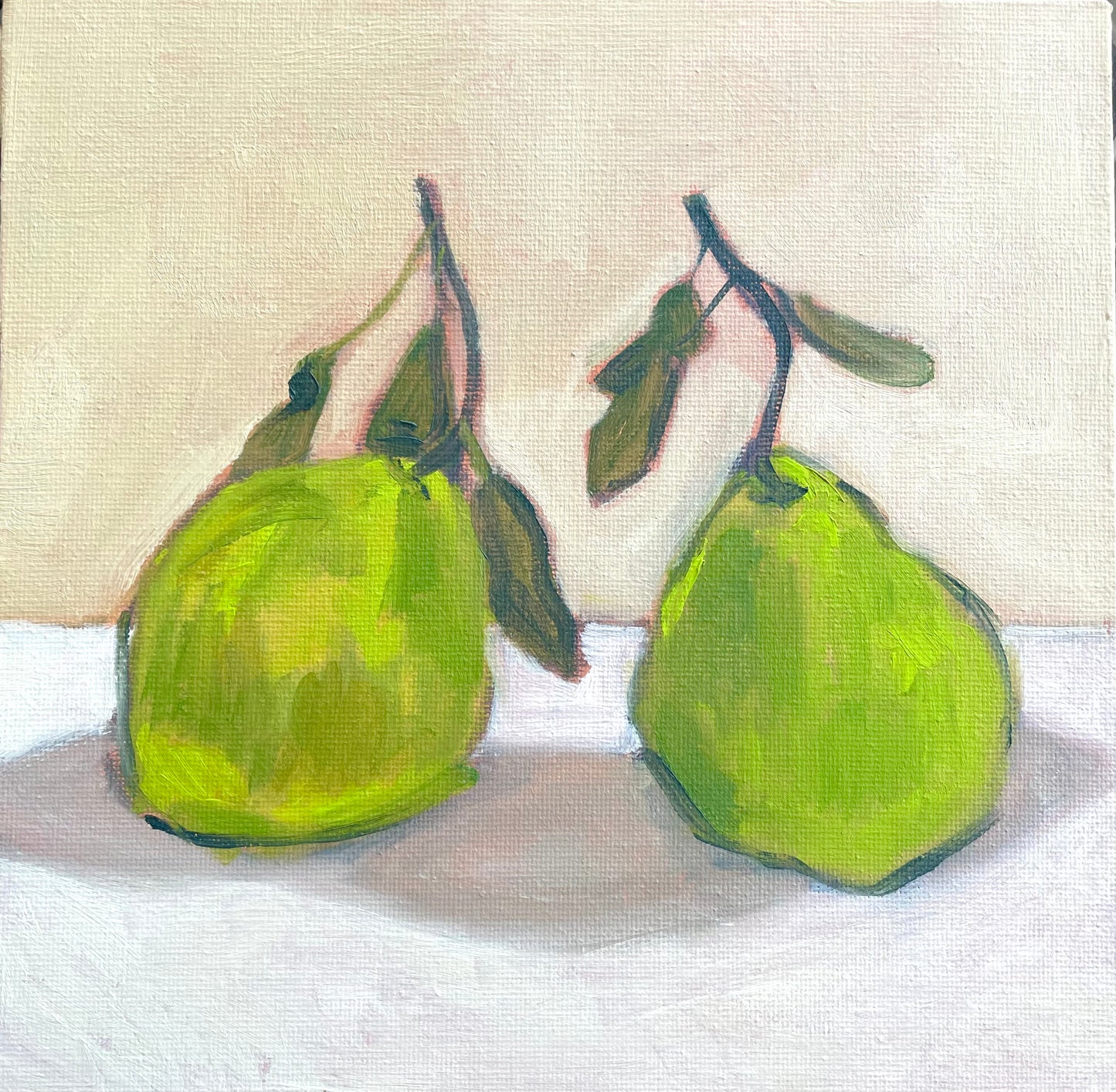 Two Pears, Oil on canvas panel, #53 of 100 Paintings in 100 Days