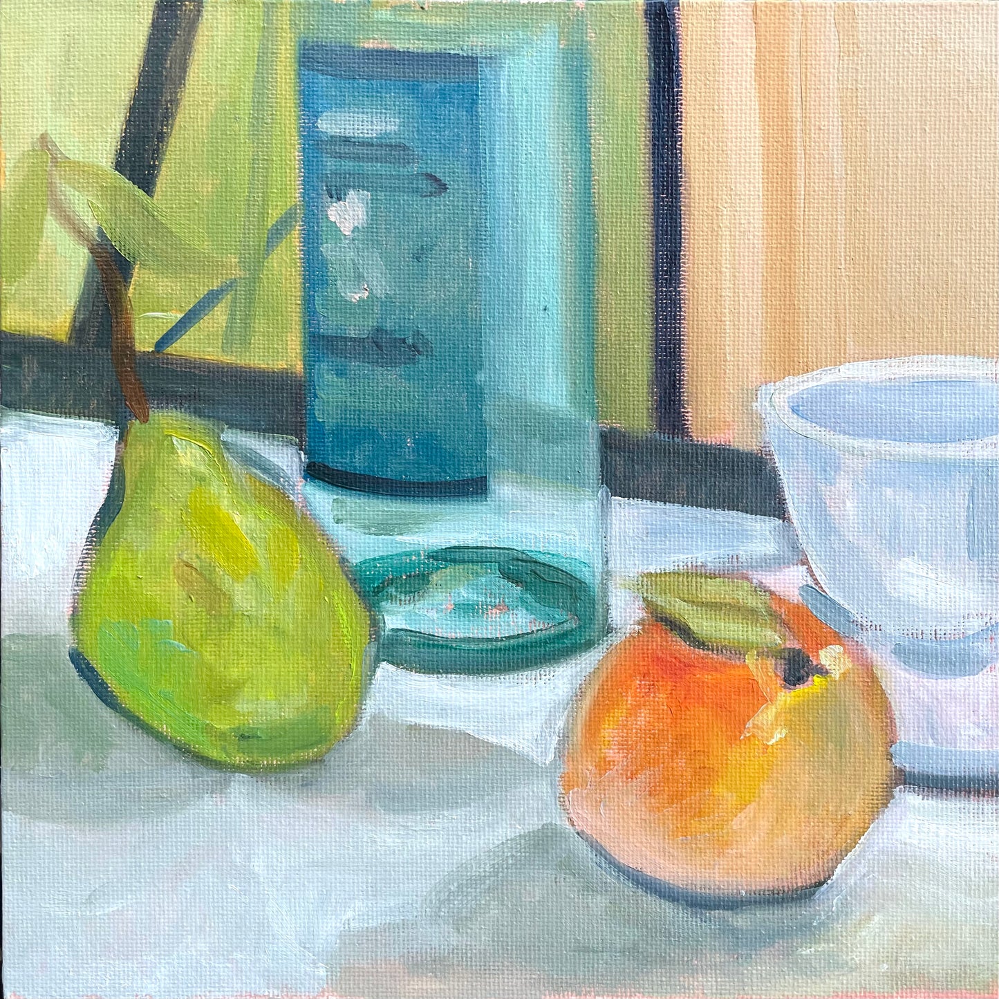 Arrangement with a Pear and a Peach, Oil on canvas panel, #55 of 100 Paintings in 100 Days