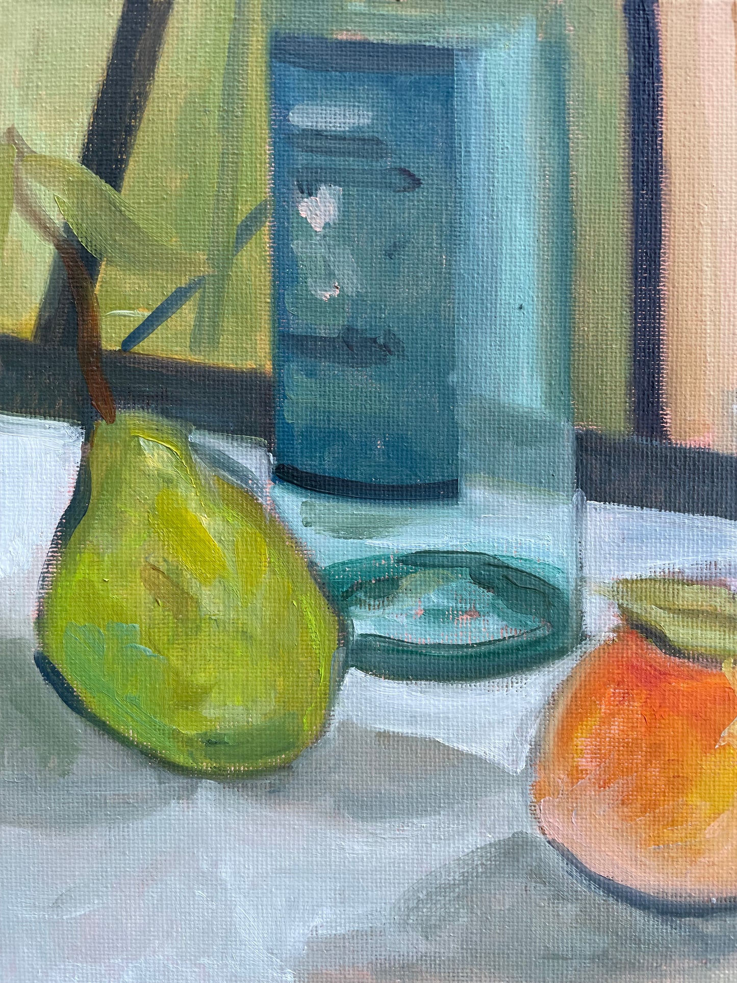 Arrangement with a Pear and a Peach, Oil on canvas panel, #55 of 100 Paintings in 100 Days