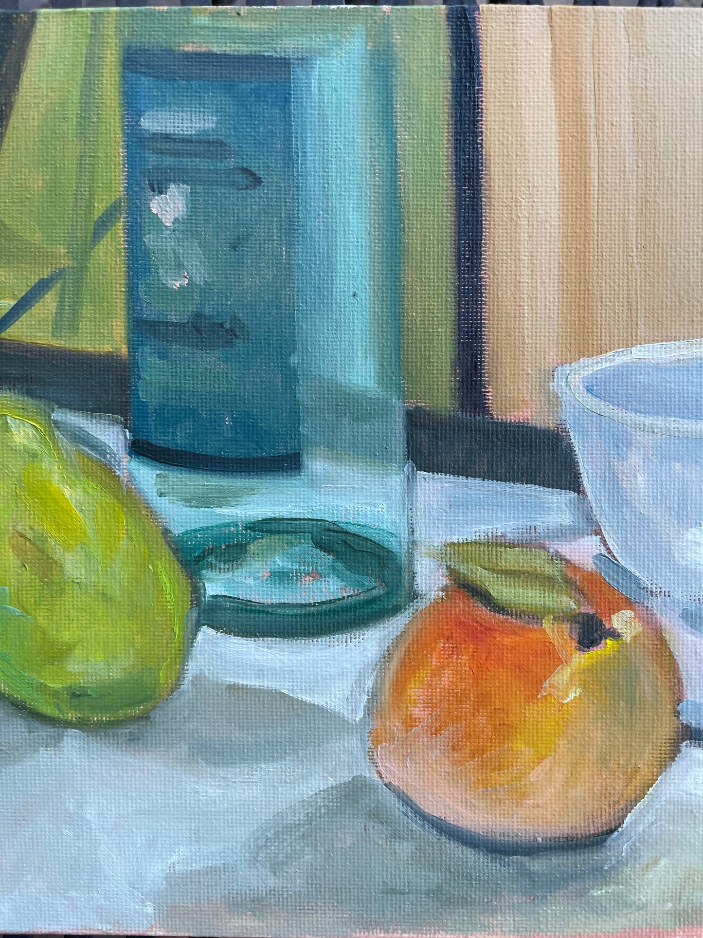 Arrangement with a Pear and a Peach, Oil on canvas panel, #55 of 100 Paintings in 100 Days