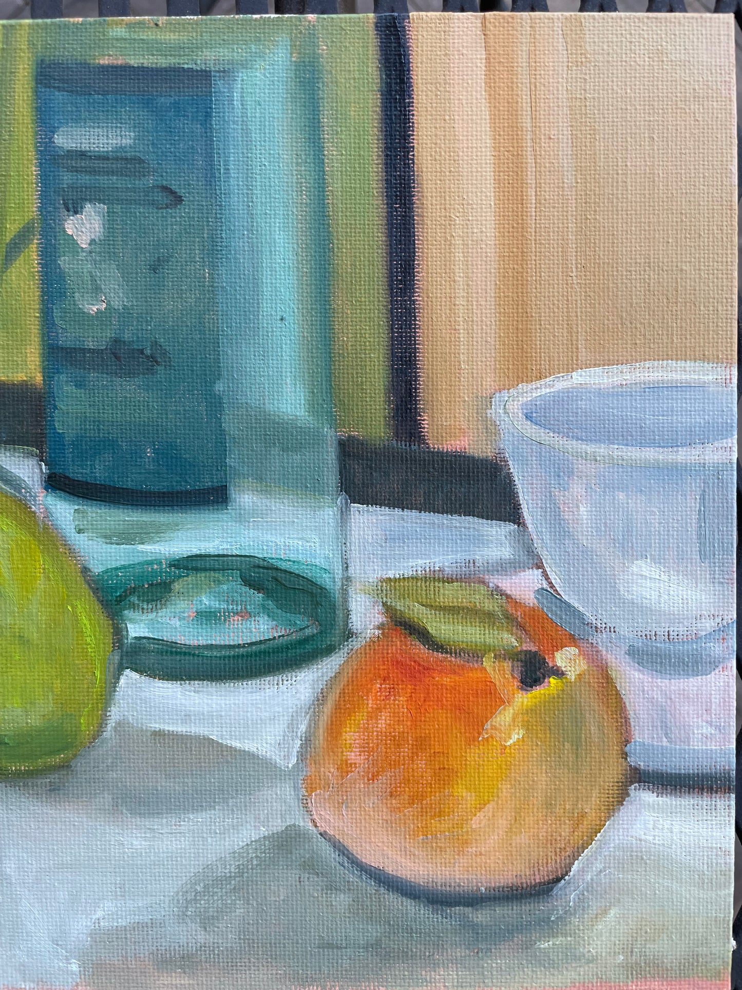 Arrangement with a Pear and a Peach, Oil on canvas panel, #55 of 100 Paintings in 100 Days