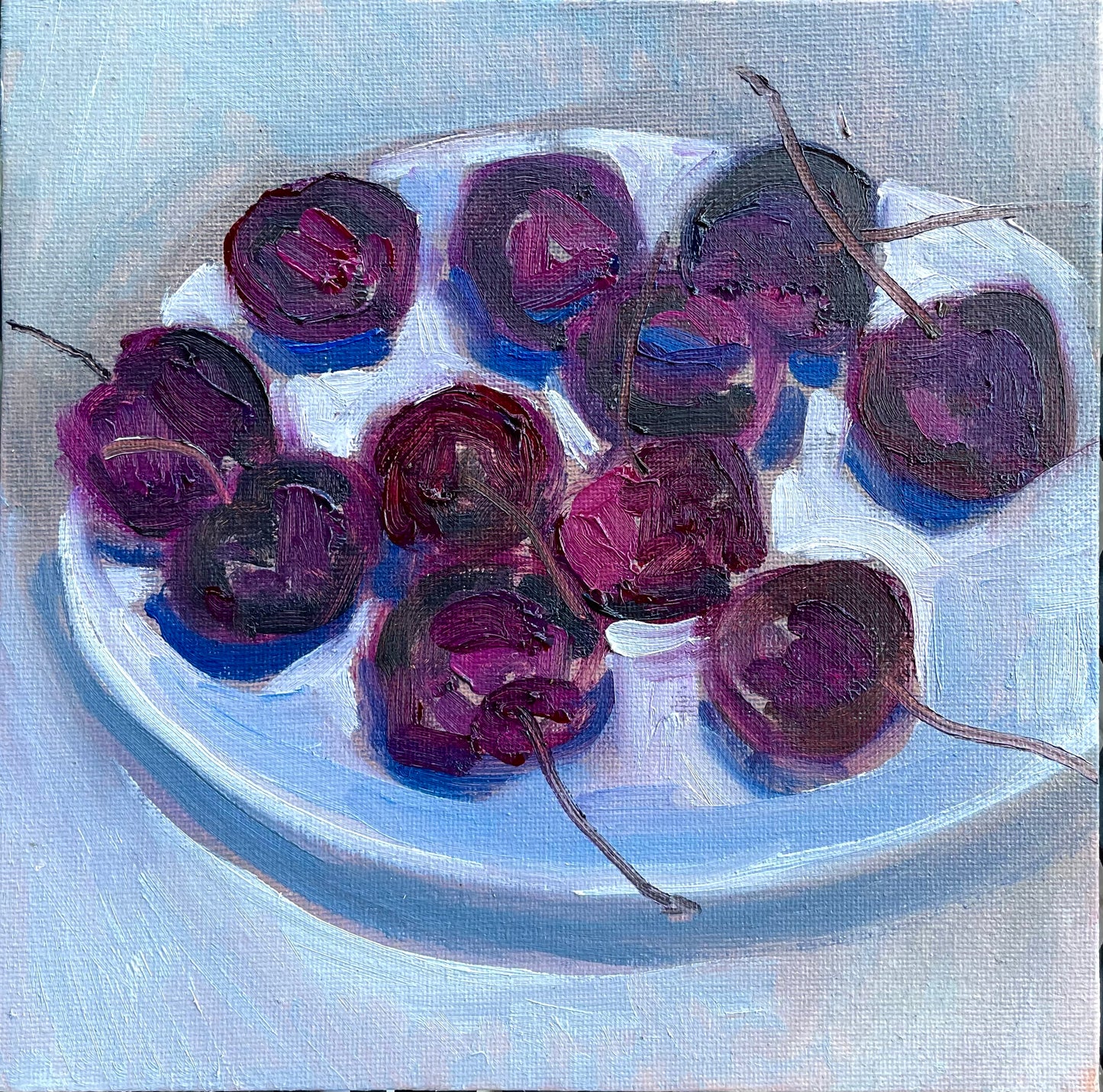 Plate of Cherries, Oil on canvas panel, #31 of 100 Paintings in 100 Days
