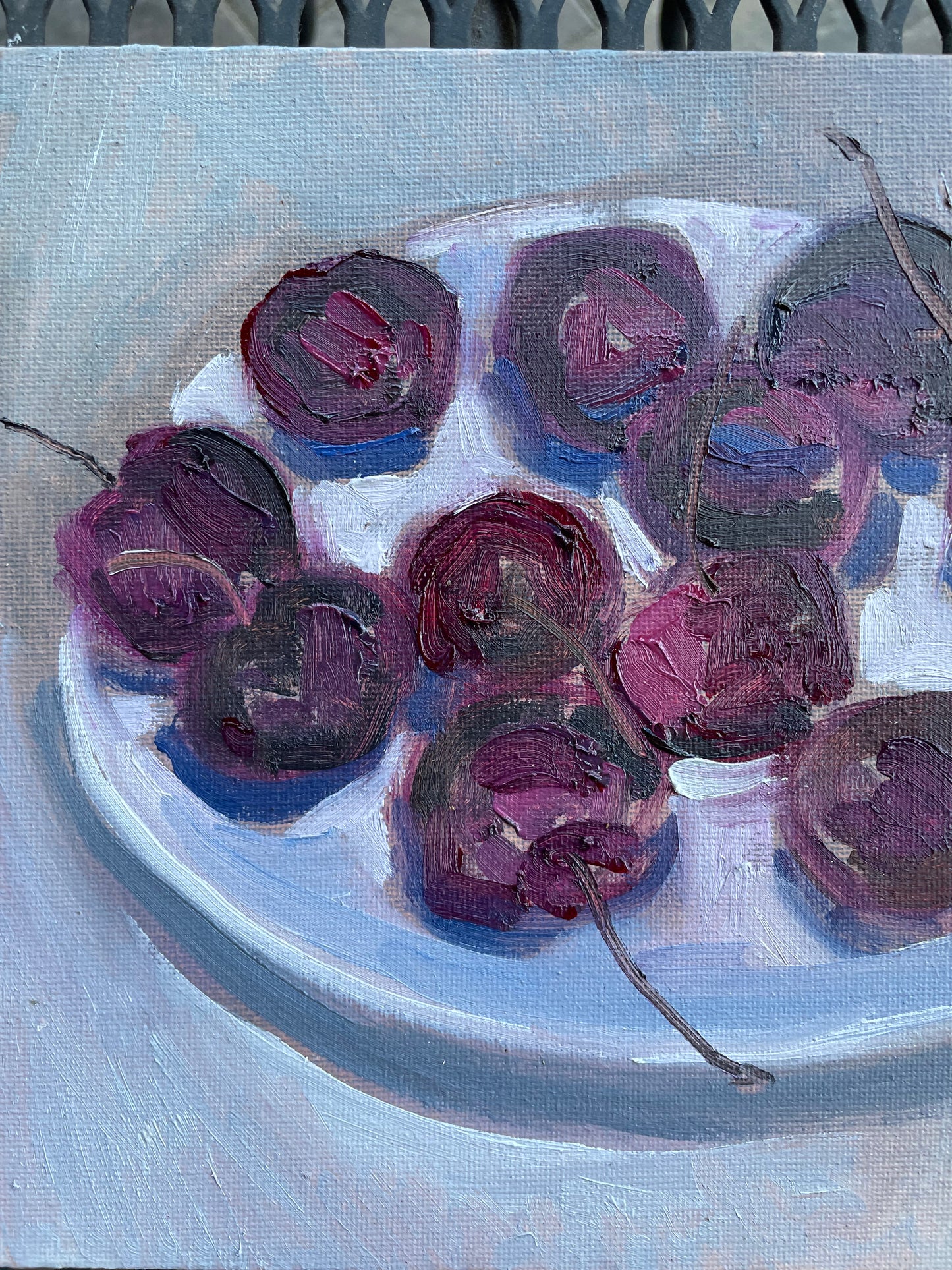 Plate of Cherries, Oil on canvas panel, #31 of 100 Paintings in 100 Days