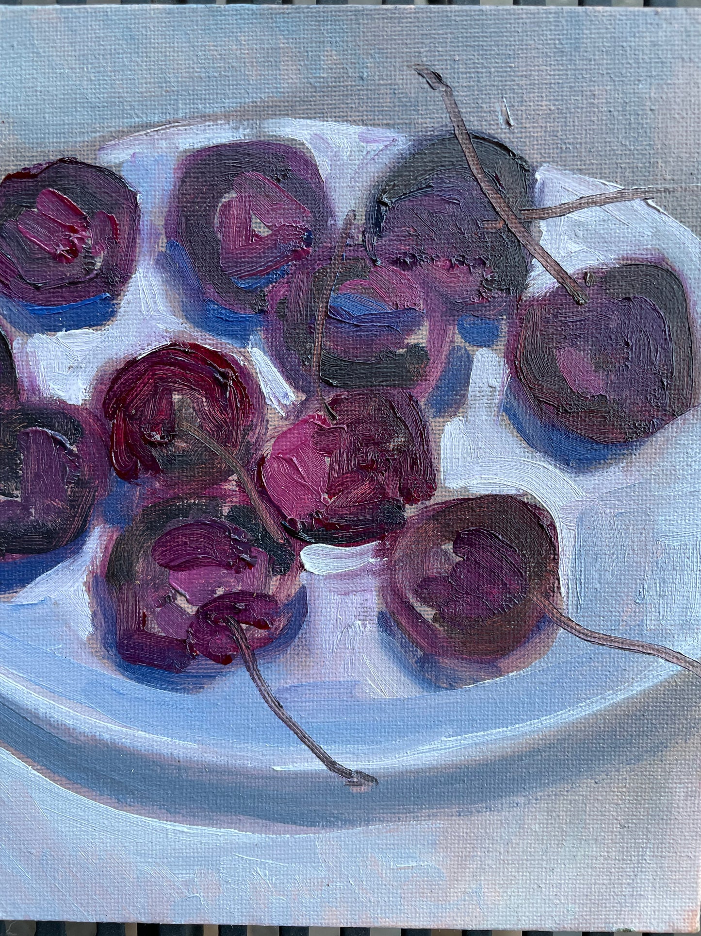 Plate of Cherries, Oil on canvas panel, #31 of 100 Paintings in 100 Days