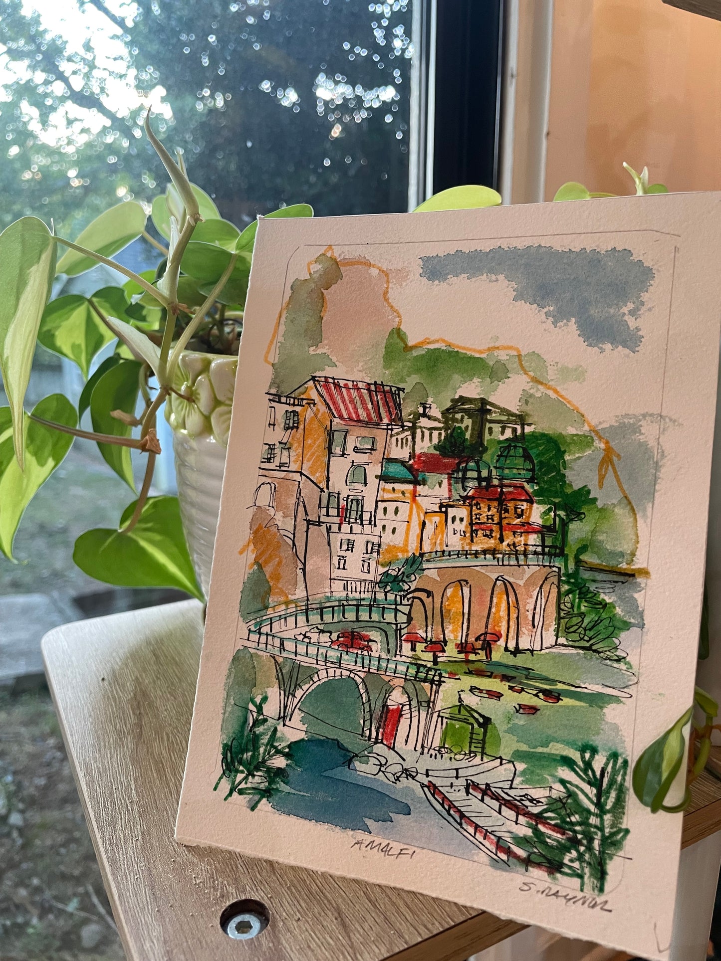 Amalfi coast watercolor - original watercolor and pen and ink