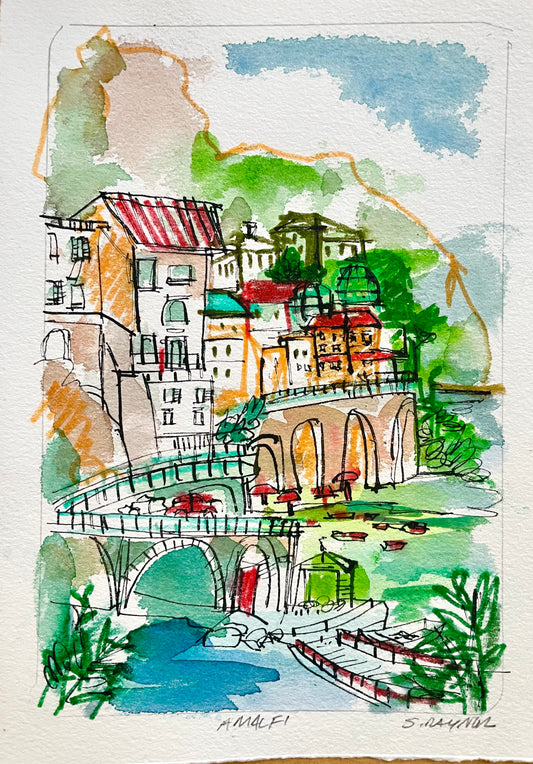 Amalfi coast watercolor - original watercolor and pen and ink