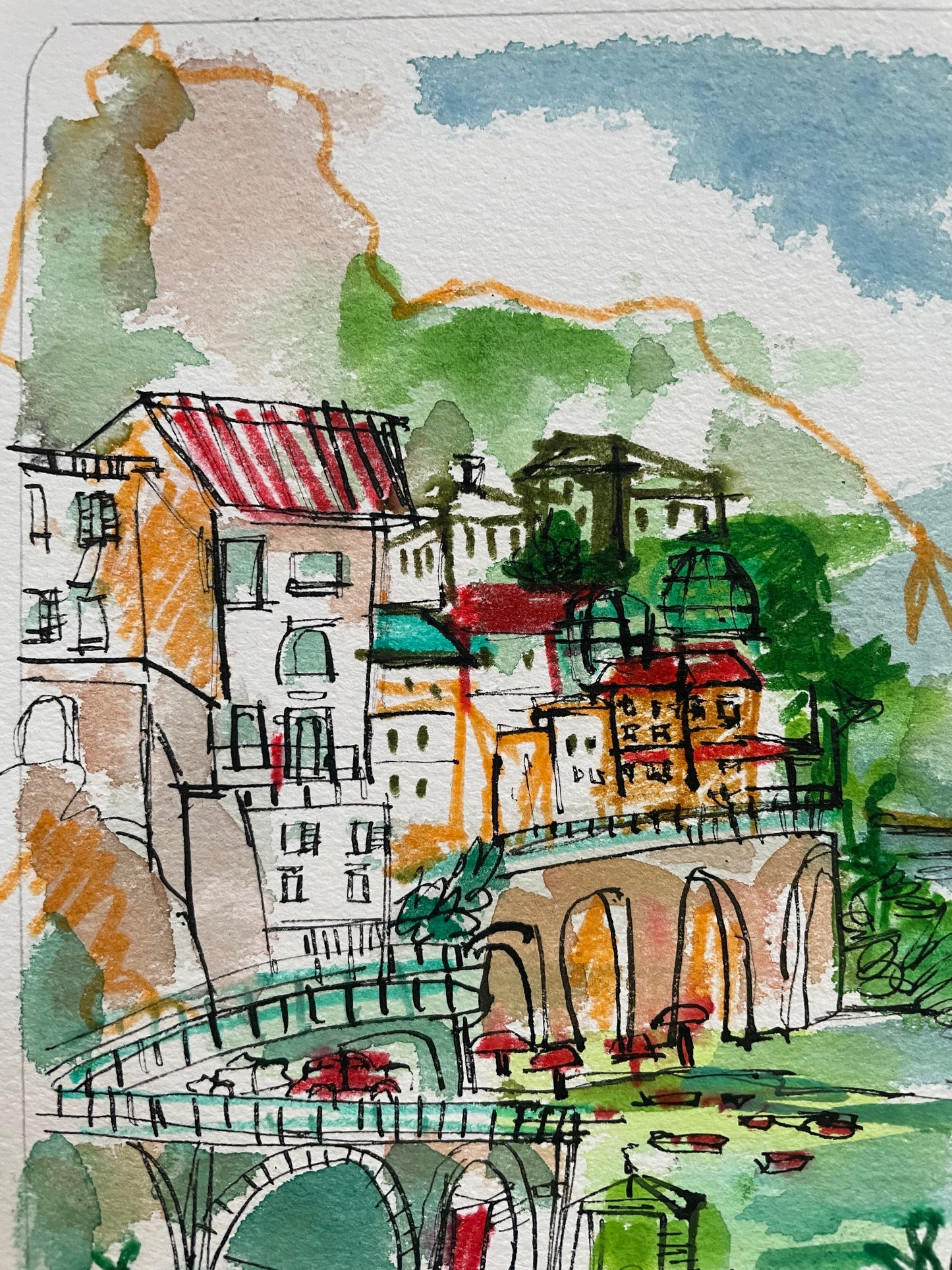Amalfi coast watercolor - original watercolor and pen and ink