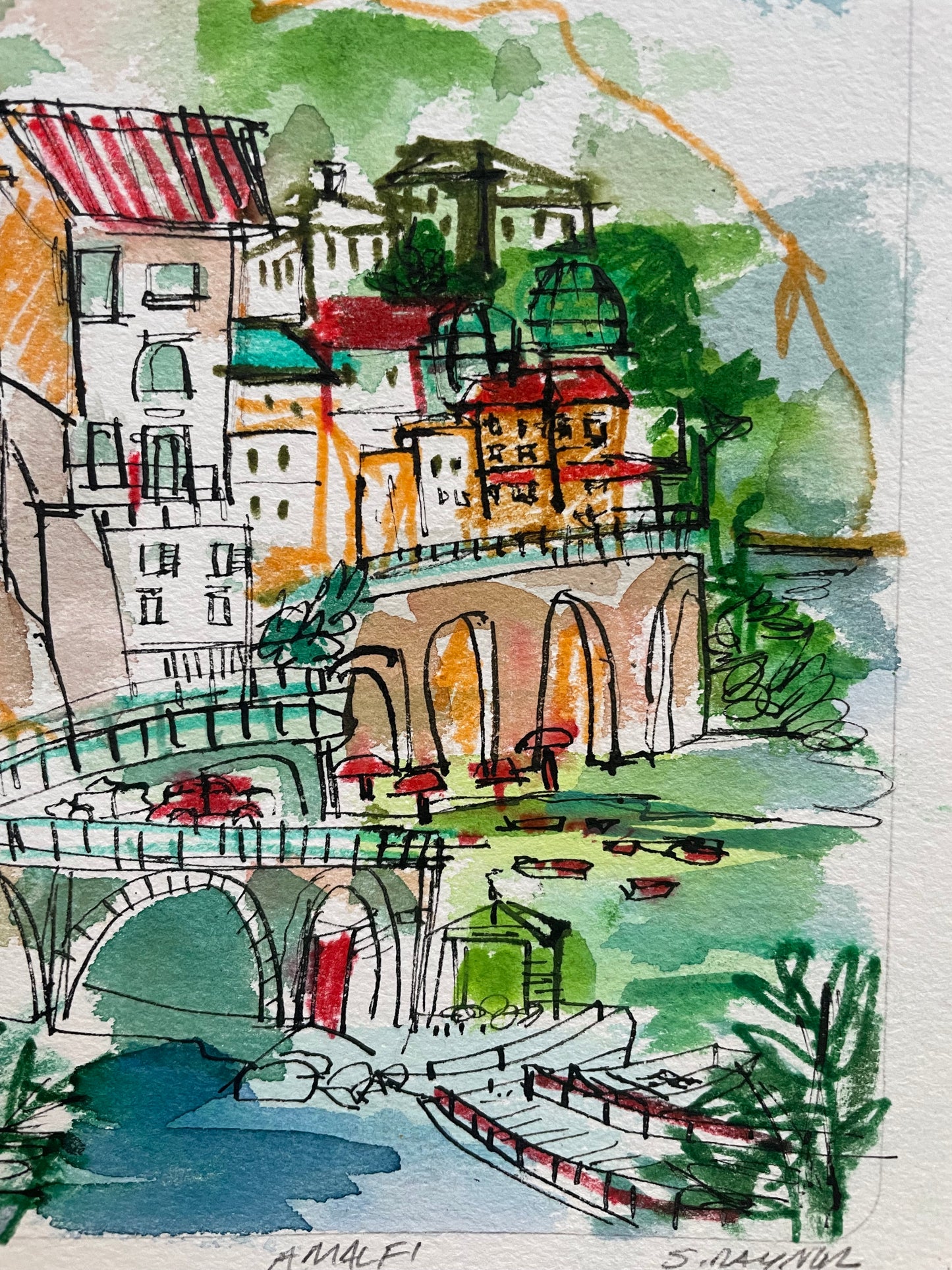 Amalfi coast watercolor - original watercolor and pen and ink
