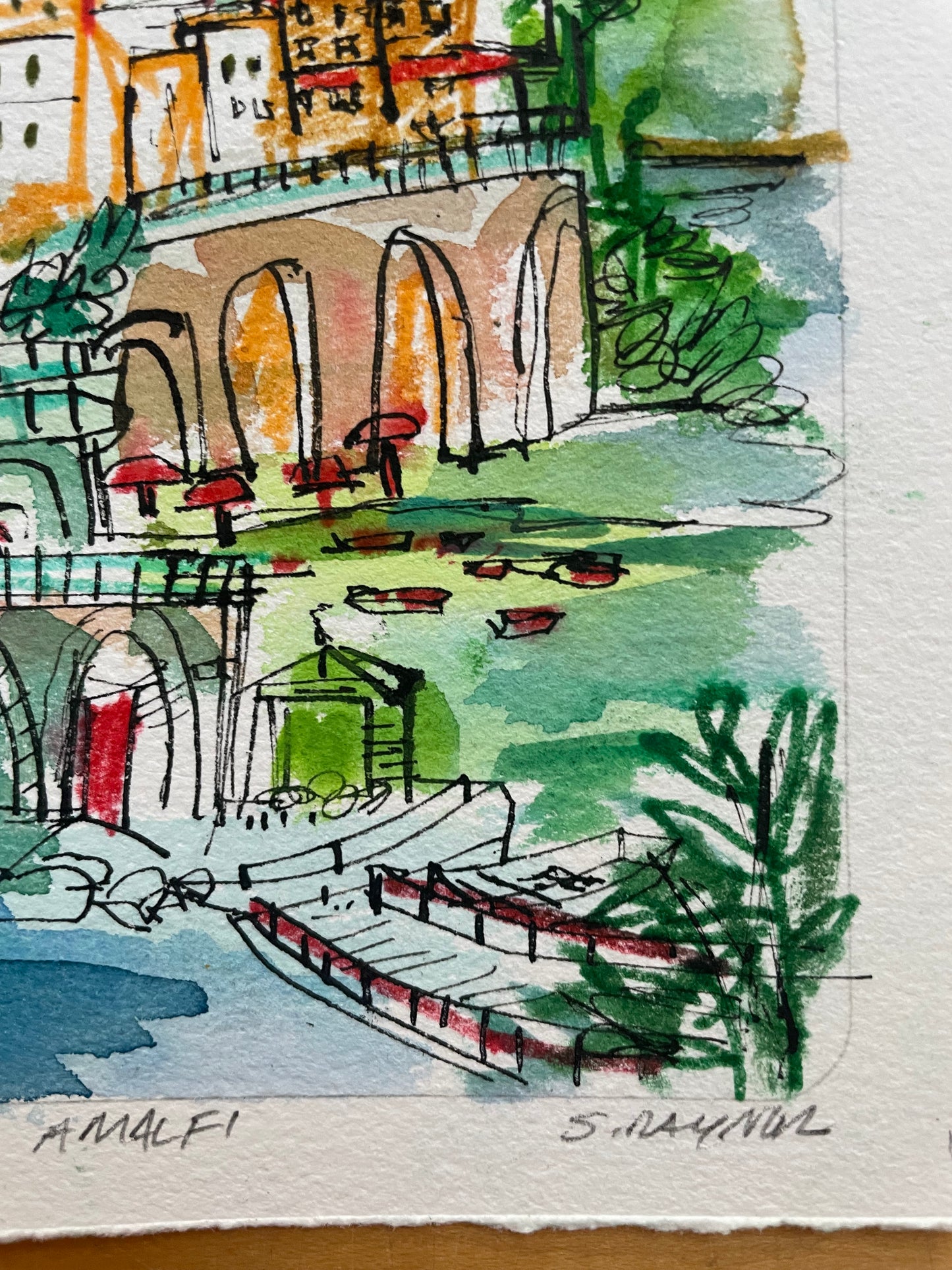 Amalfi coast watercolor - original watercolor and pen and ink