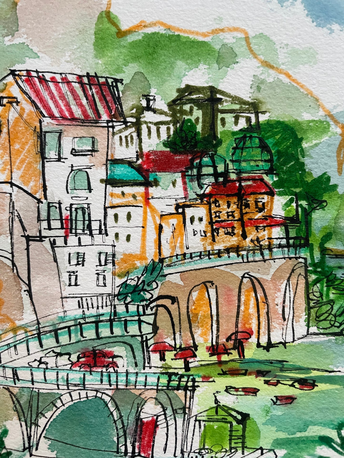 Amalfi coast watercolor - original watercolor and pen and ink