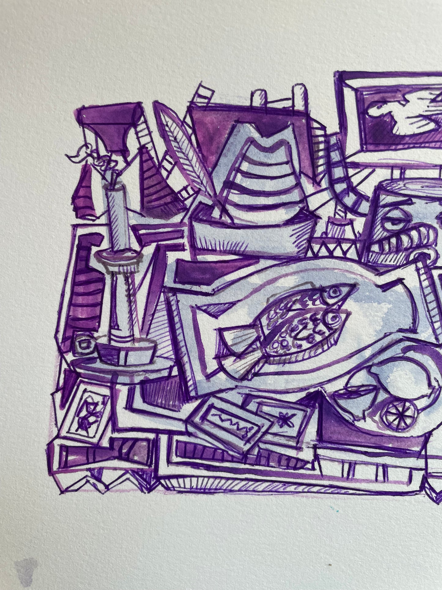 Playful Purple Abstract Still Life | 5x7 Ink & Wash Drawing of Studio Objects | Original Artwork