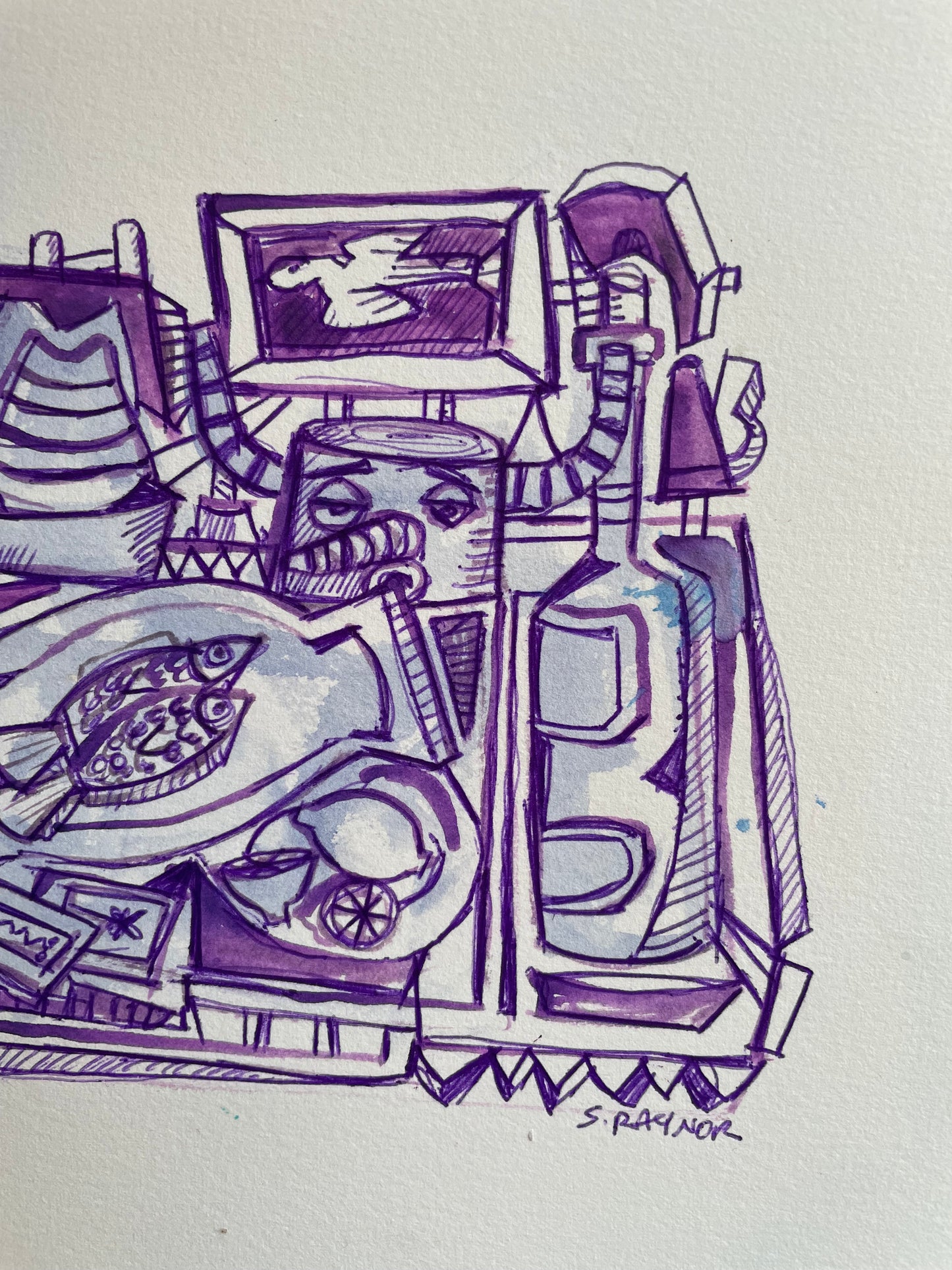 Playful Purple Abstract Still Life | 5x7 Ink & Wash Drawing of Studio Objects | Original Artwork