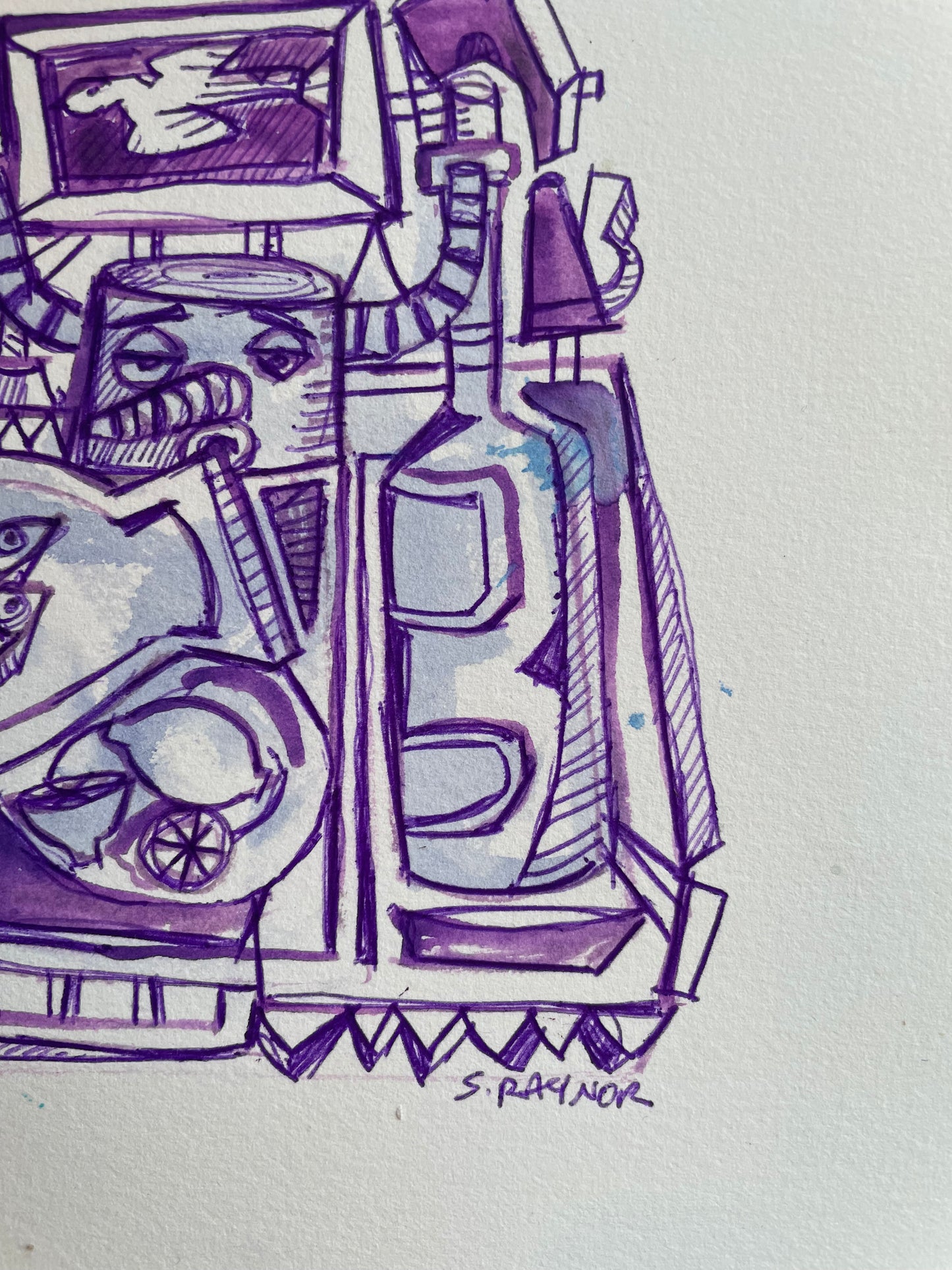 Playful Purple Abstract Still Life | 5x7 Ink & Wash Drawing of Studio Objects | Original Artwork