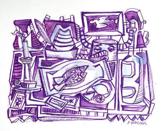 Playful Purple Abstract Still Life | 5x7 Ink & Wash Drawing of Studio Objects | Original Artwork