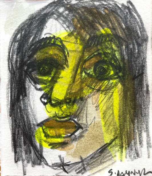 4x4 Original Pencil & Yellow Ink Portrait | Expressive Woman’s Face with Initials A.N. | Small Contemporary Drawing