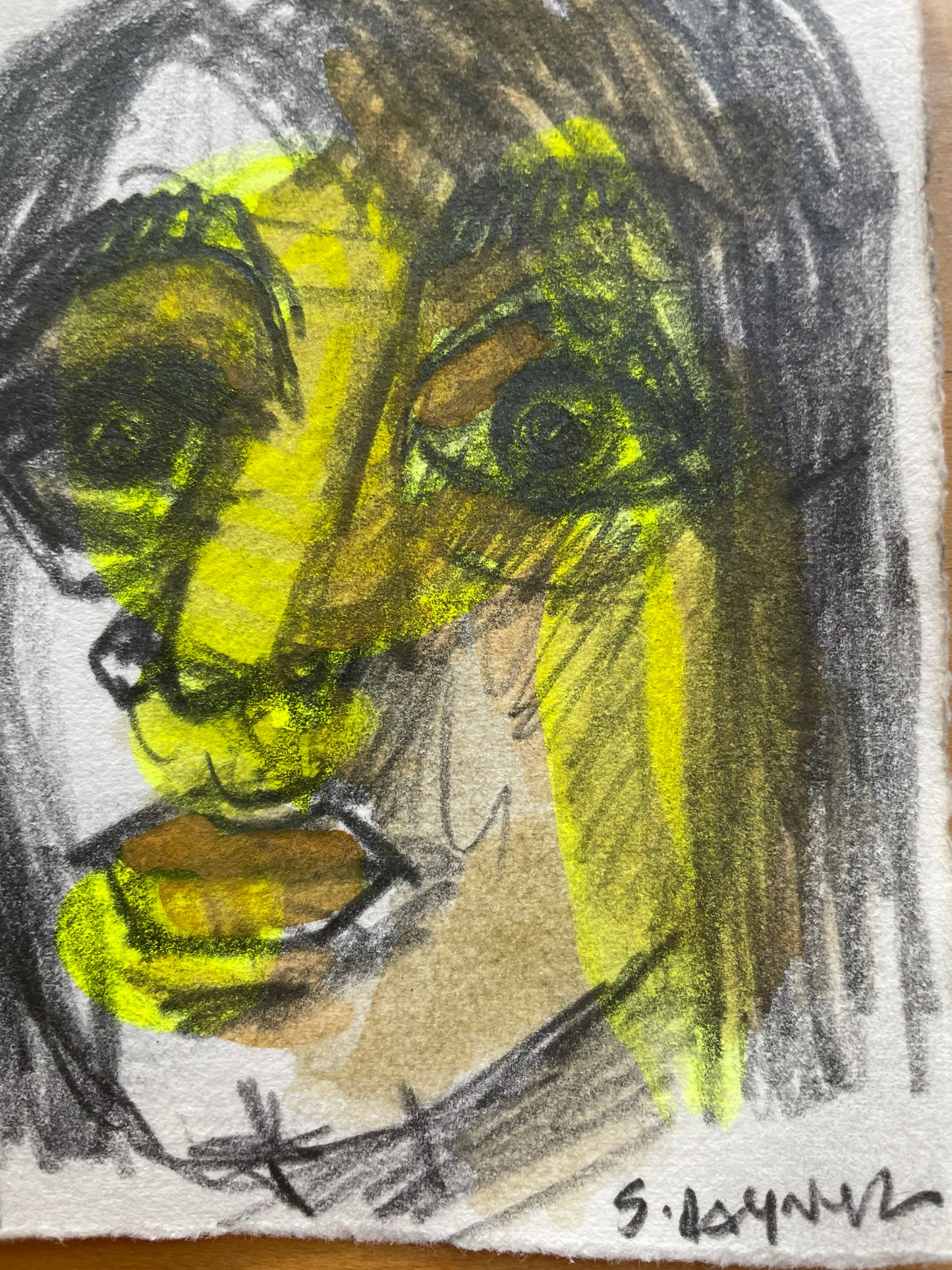 4x4 Original Pencil & Yellow Ink Portrait | Expressive Woman’s Face with Initials A.N. | Small Contemporary Drawing