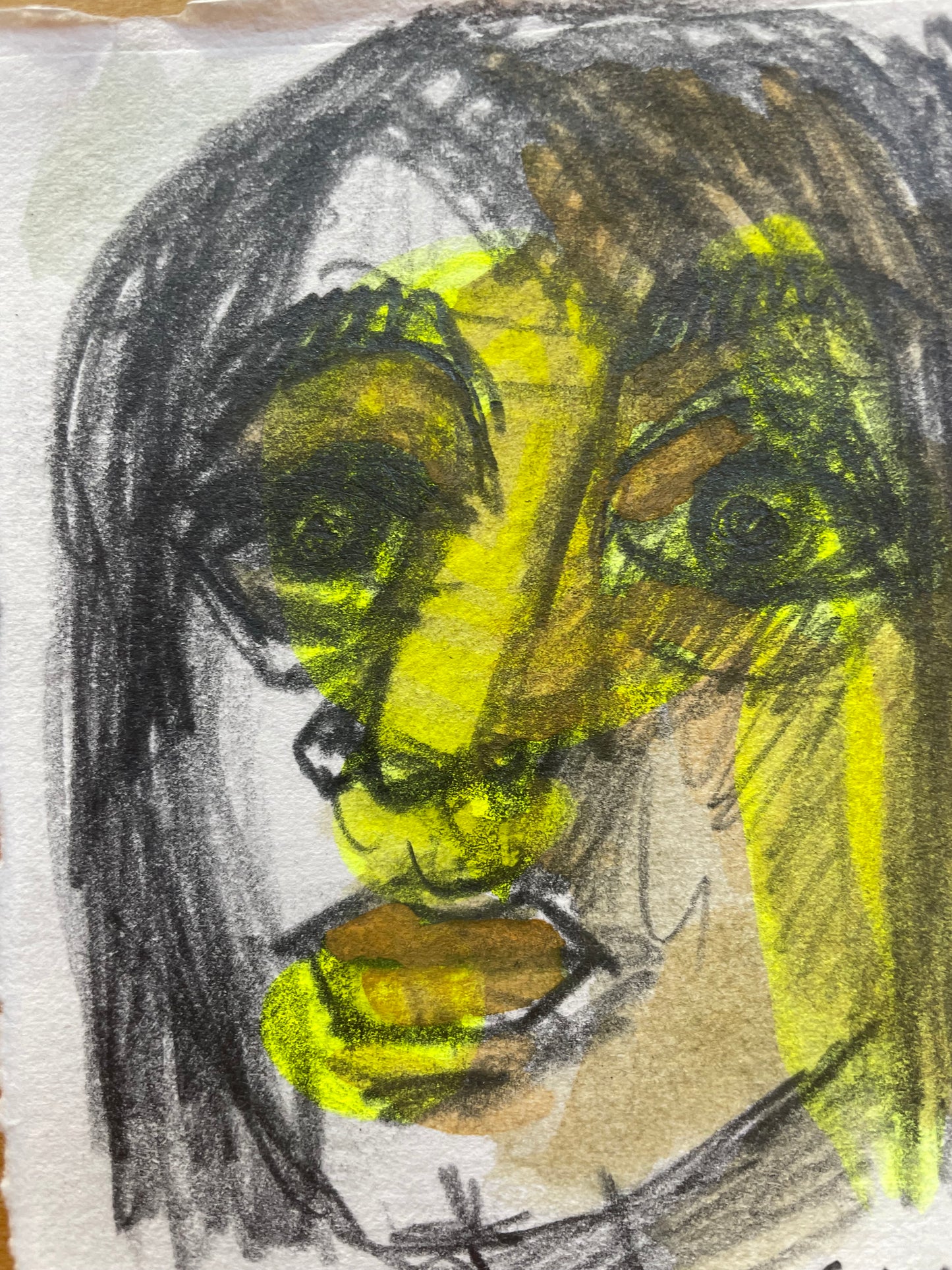 4x4 Original Pencil & Yellow Ink Portrait | Expressive Woman’s Face with Initials A.N. | Small Contemporary Drawing