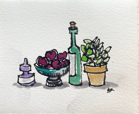 Miniature Watercolor Still Life | 3.5x4 Original Painting of Ink Bottle, Plums, Wine & Plant