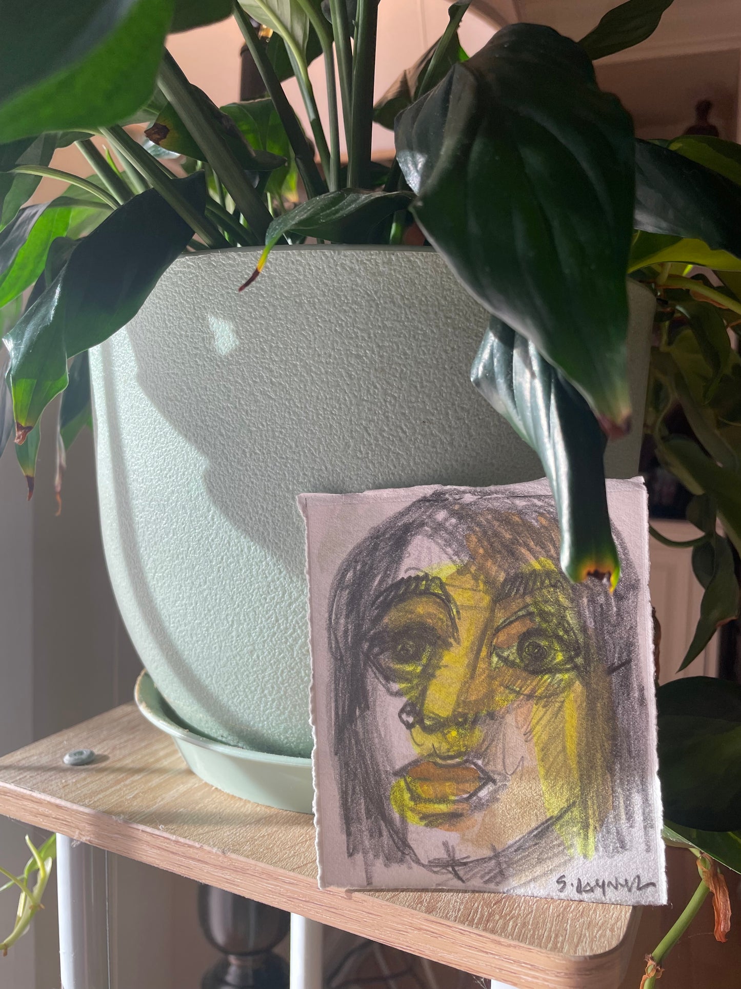 4x4 Original Pencil & Yellow Ink Portrait | Expressive Woman’s Face with Initials A.N. | Small Contemporary Drawing