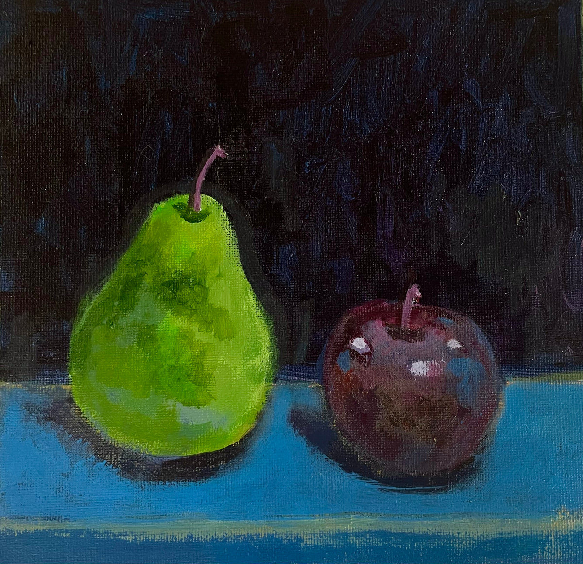 Pear and Plum, Oil on canvas panel, #97 of 100 Paintings in 100 Days