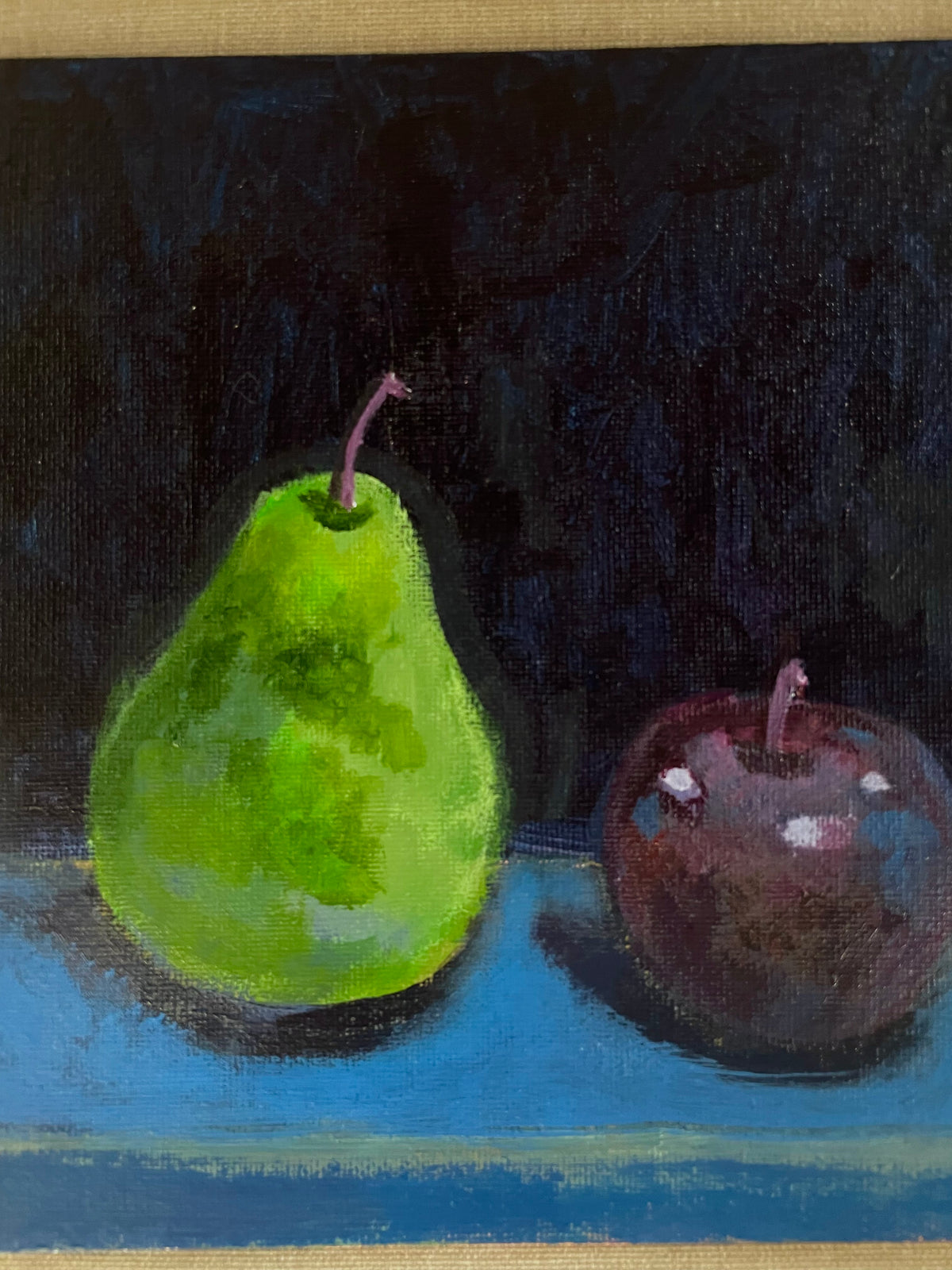 Pear and Plum, Oil on canvas panel, #97 of 100 Paintings in 100 Days