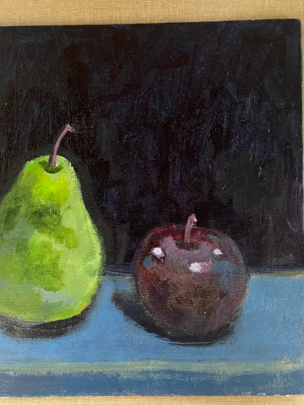 Pear and Plum, Oil on canvas panel, #97 of 100 Paintings in 100 Days