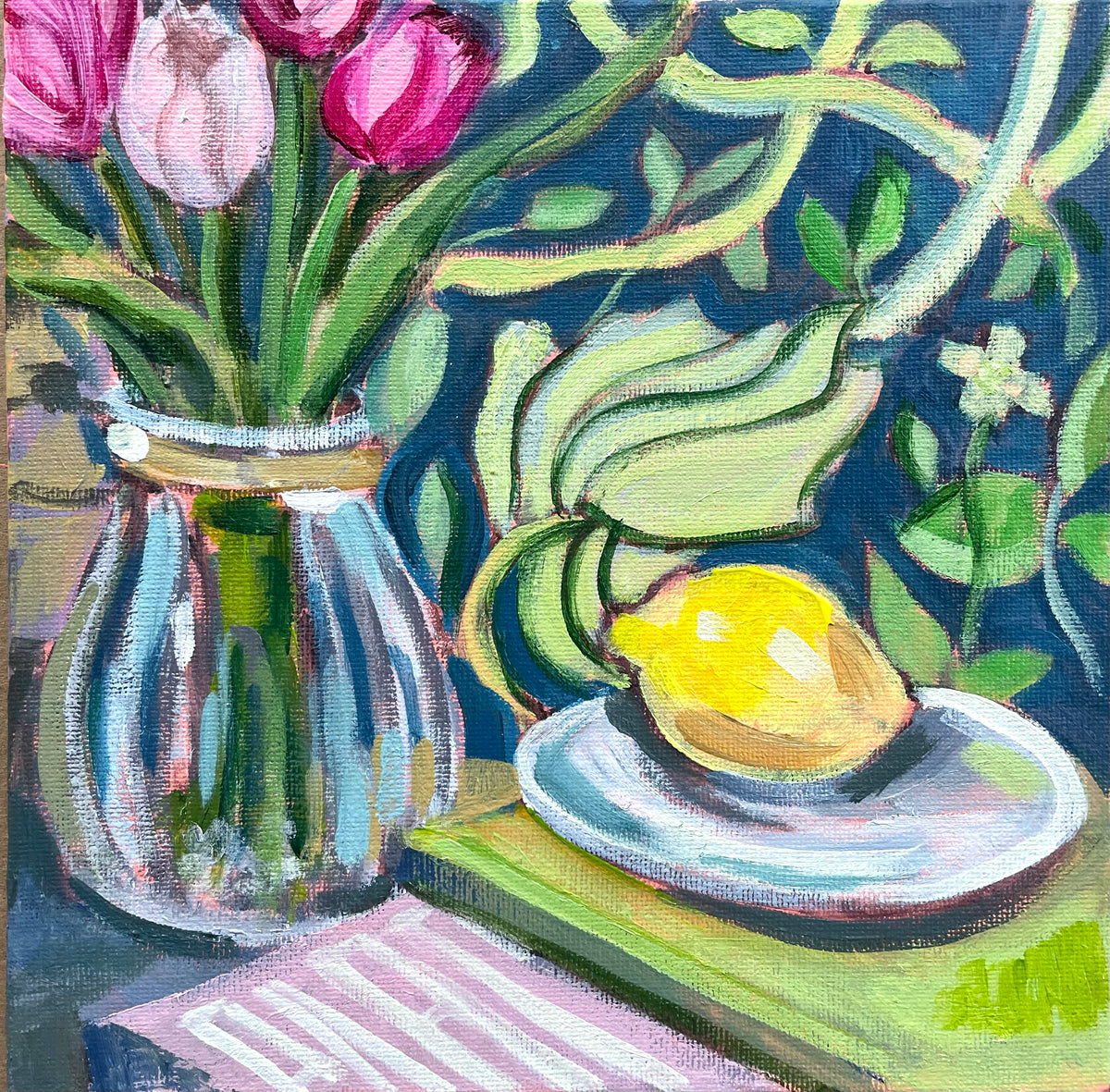 Tulips and Tapestries, Oil on canvas panel, #98 of 100 Paintings in 100 Days