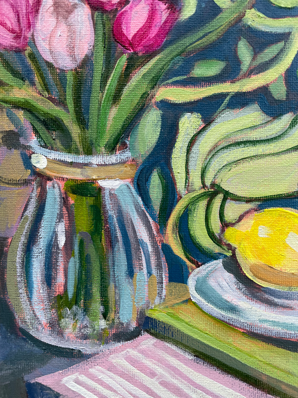 Tulips and Tapestries, Oil on canvas panel, #98 of 100 Paintings in 100 Days