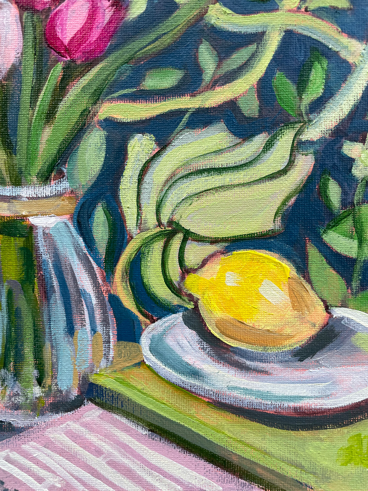 Tulips and Tapestries, Oil on canvas panel, #98 of 100 Paintings in 100 Days