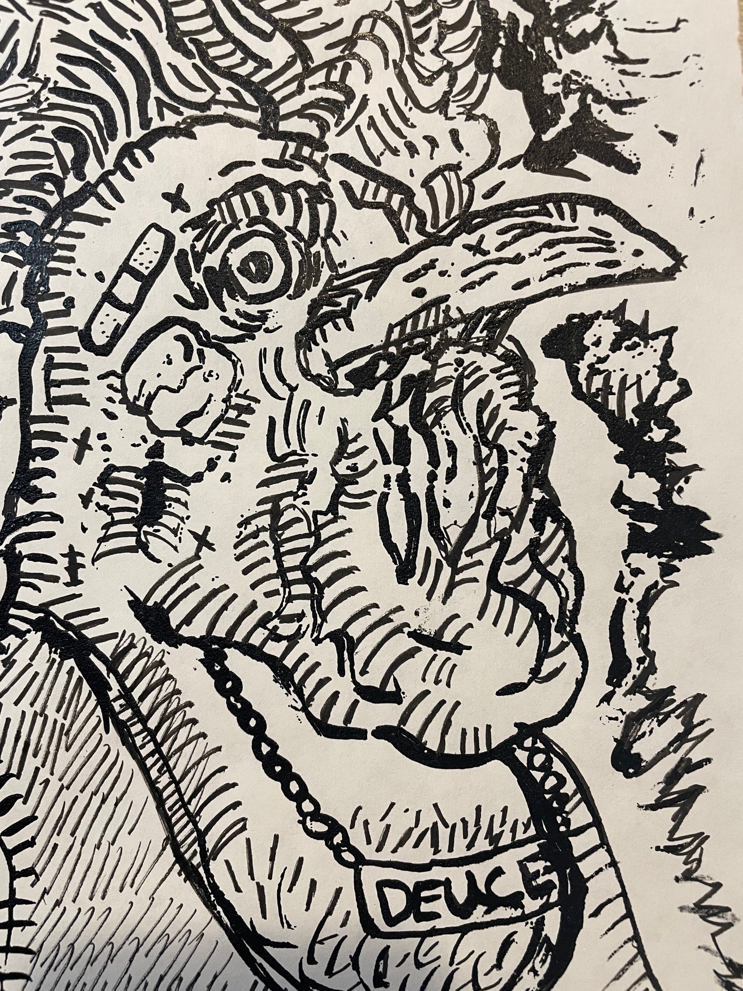 Deuce the Rooster, Hand Drawing over original Screenprint