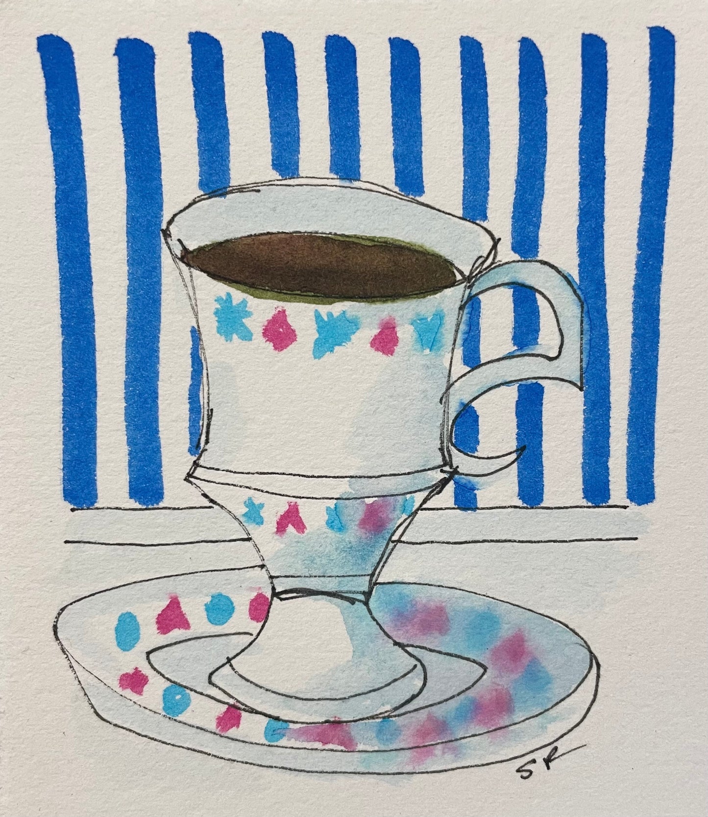 Retro Tea Cup, Original work of Art - Watercolor and Ink